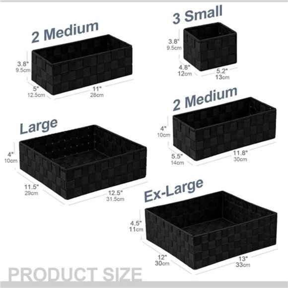 Woven Storage Baskets Set of 9 Black Organizer Bins for Closet Drawer Shelf - Picture 3 of 8